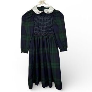 David Charles Girls Hand Smocked Dress Olive Green/Navy Size 6 GUC VTG